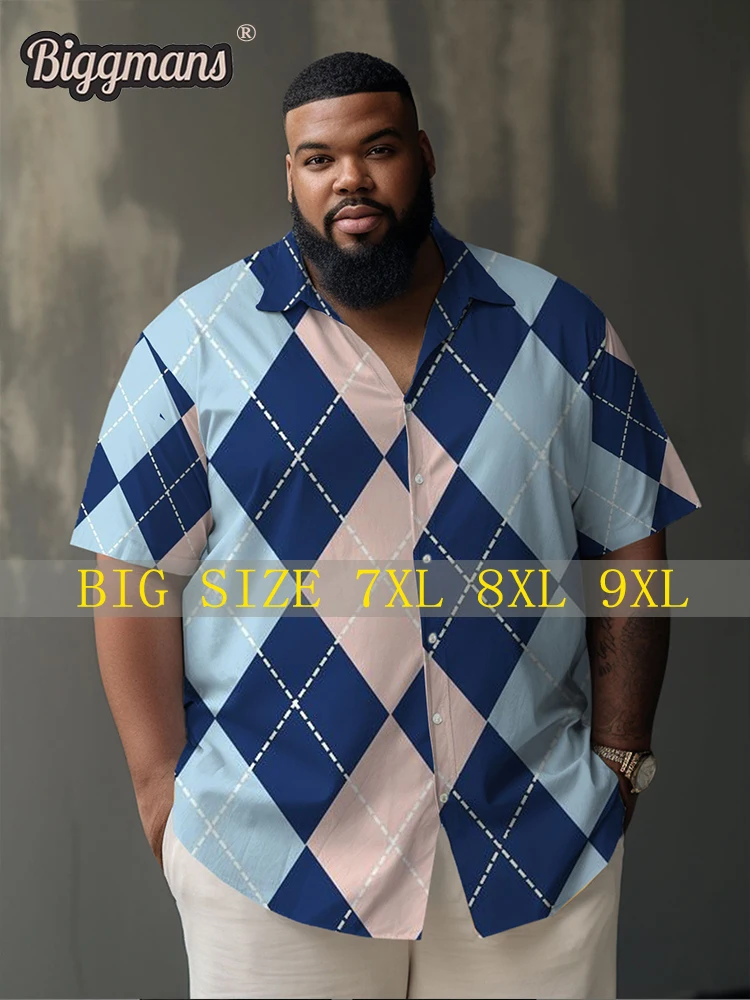 

Biggmans （L-9XL）For Men's Plus Size Casual Blue Diamond Check Short Sleeve lattice Shirt