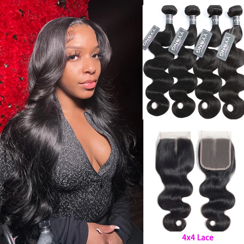 

Yyong Body Wave Bundles With Closure Brazilian Hair Weave 3/4 Bundles With Lace Closure 4x4 Remy Human Hair Bundles With Closure