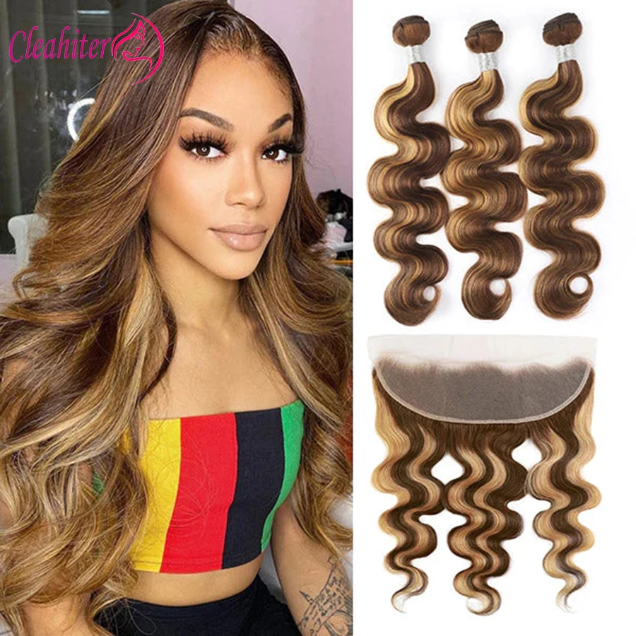 

Highlight Honey Blonde Color Body Wave Human Hair Bundles With 13x4 Transparent Lace Frontal Pre-Plucked Raw Indian Hair 10-22In