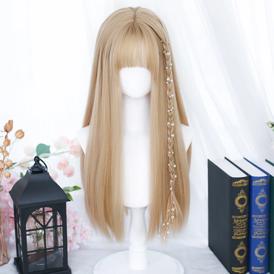 

HOUYAN synthetic Long straight sand blonde female fringe wig cosplay Lolita pink wig Heat resistant party wig