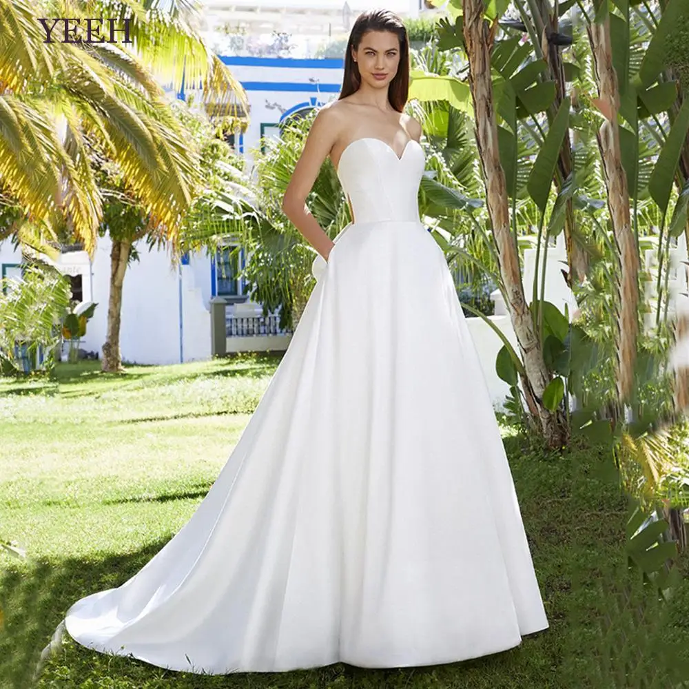 

YEEH Simple Stain Wedding Dresses with Pocket Big Bow Bridal Gown Elegant Illusion Cut Out Side Court Train Vestido De Novia