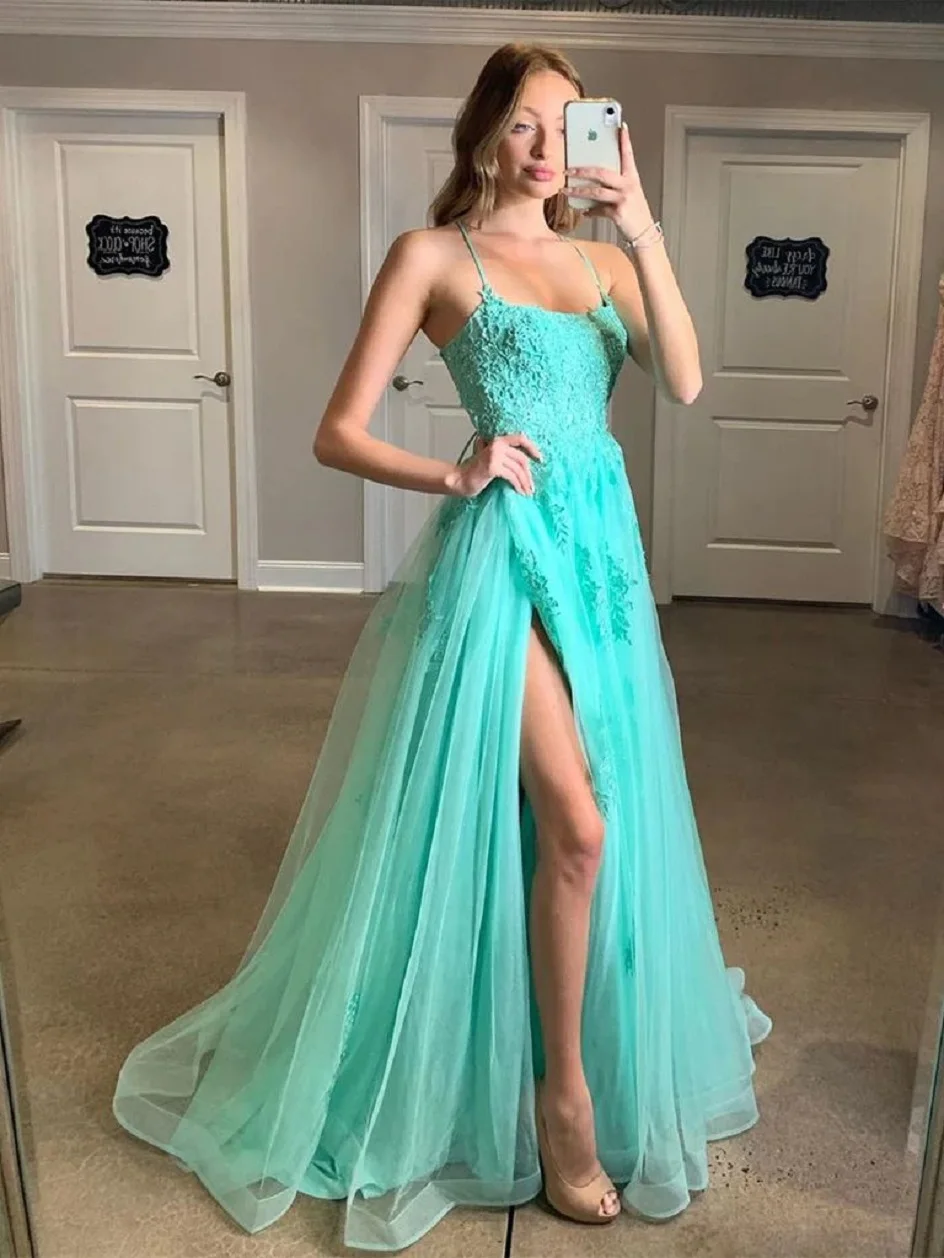 

Women's Lace Prom Dresses 2024 Long Formal Dress with Slit Tulle Spaghetti Strap Homecoming Dresses Backless A-Line Evening Gown