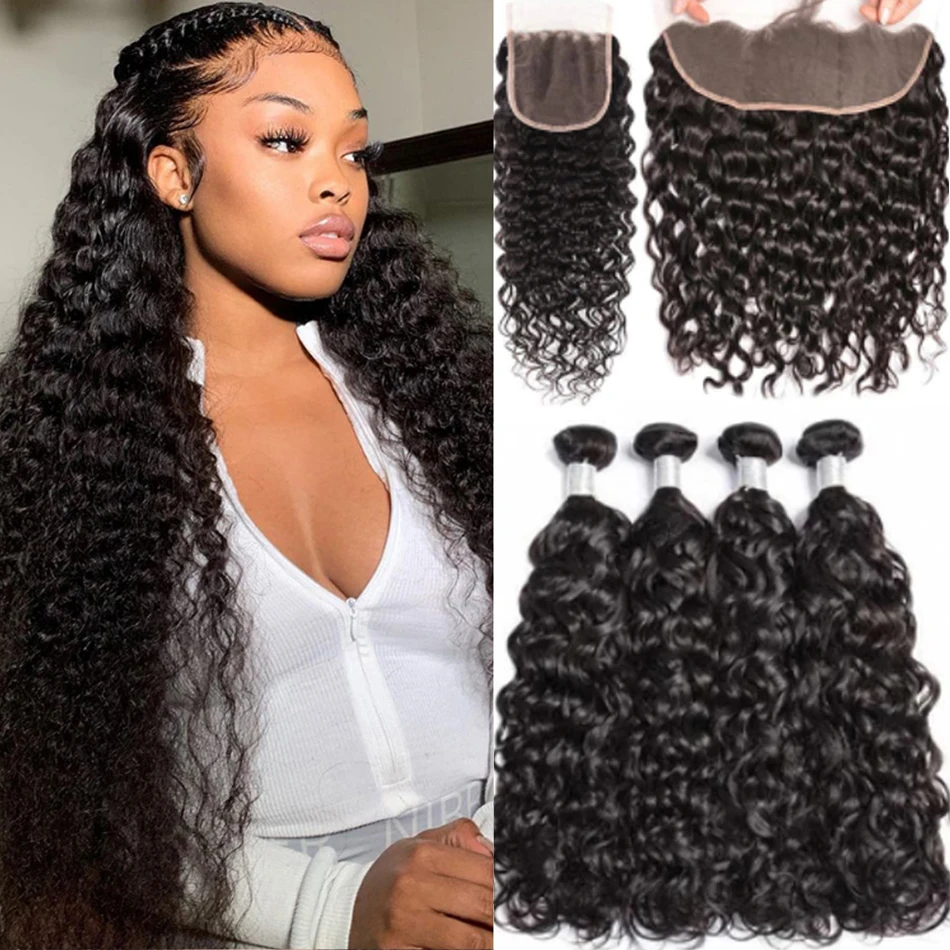 

12A Water Wave Bundles With Frontal Wet and Wavy Virgin Curly Loose Deep 100% Human Hair 3 Bundles With Closure Peruvian Hair