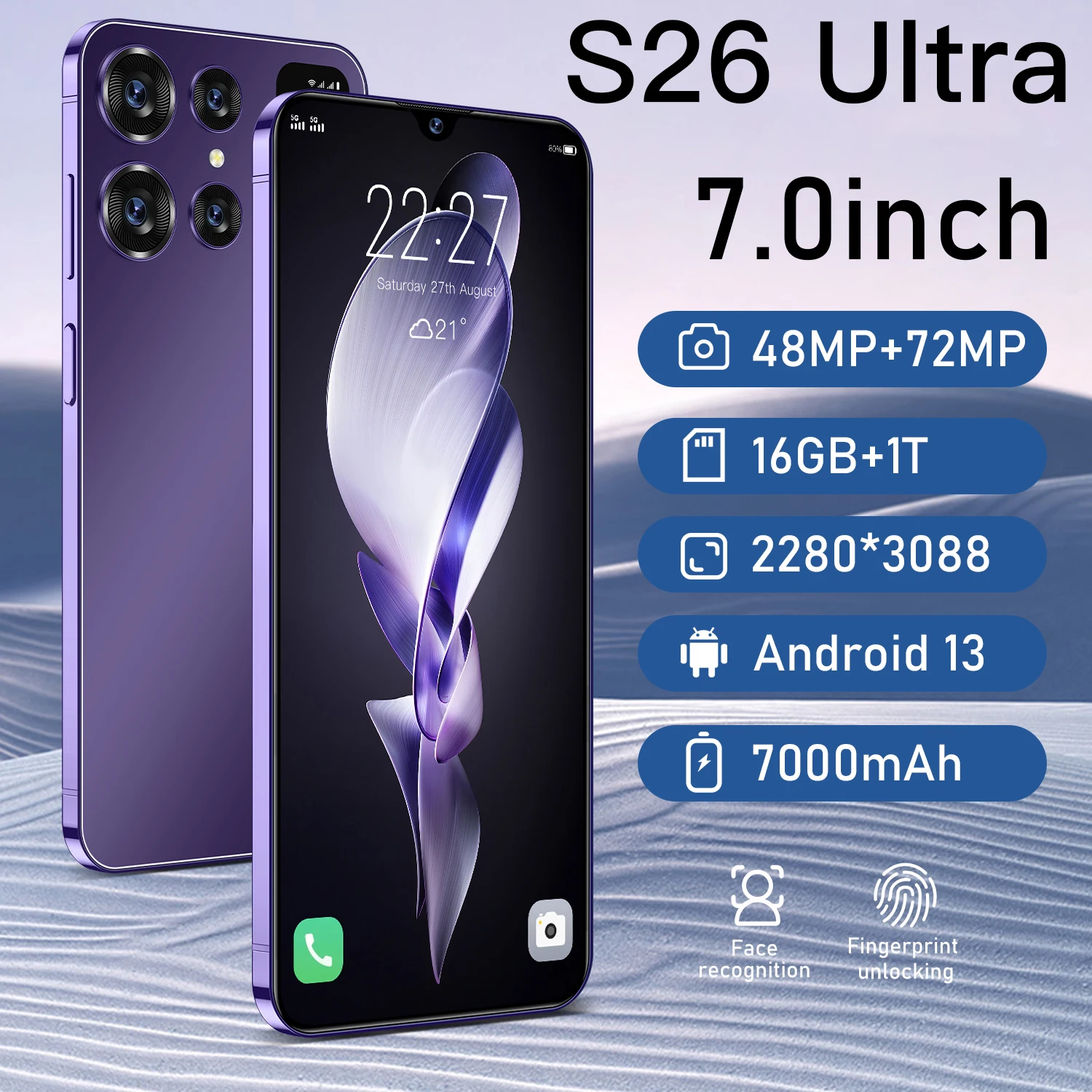 

S26 Ultra Smartphone Global Version 16G+1TB 7000mAh 48+72MP Qualcomm8 Gen 2 4G/5G Network Cellphone Android 13 Mobile Phone