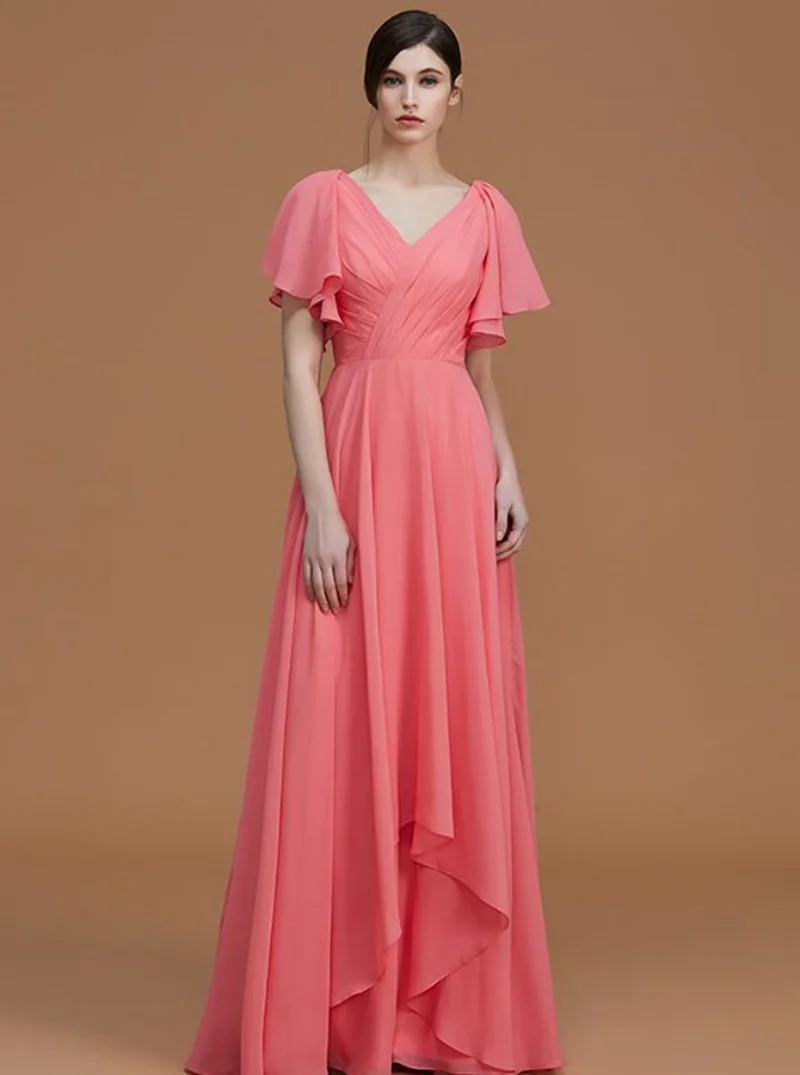 

V Neck Chiffon Bridesmaid Dresses With Pleat Elegant Short Sleeves A Line Long Formal Evening Gown For Wedding Guest Prom Dress