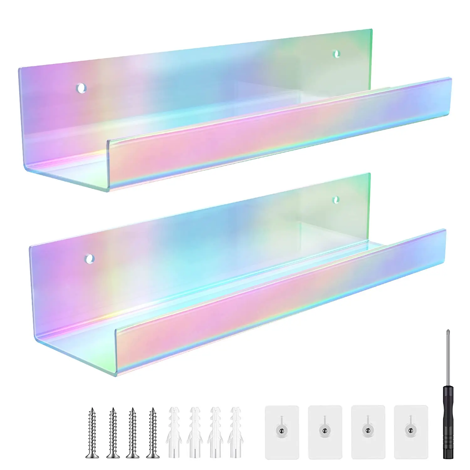 15 Inch Iridescent Acrylic Floating Shelves, 2 Pack Rainbow Acrylic Wall Mounted Rack Storage Stand for Bedroom, Bathroom
15 Inch Iridescent Acrylic Floating Shelves, 2 Pack Rainbow Acrylic Wall Mounted Rack Storage Stand for Bedroom, Bathroom
