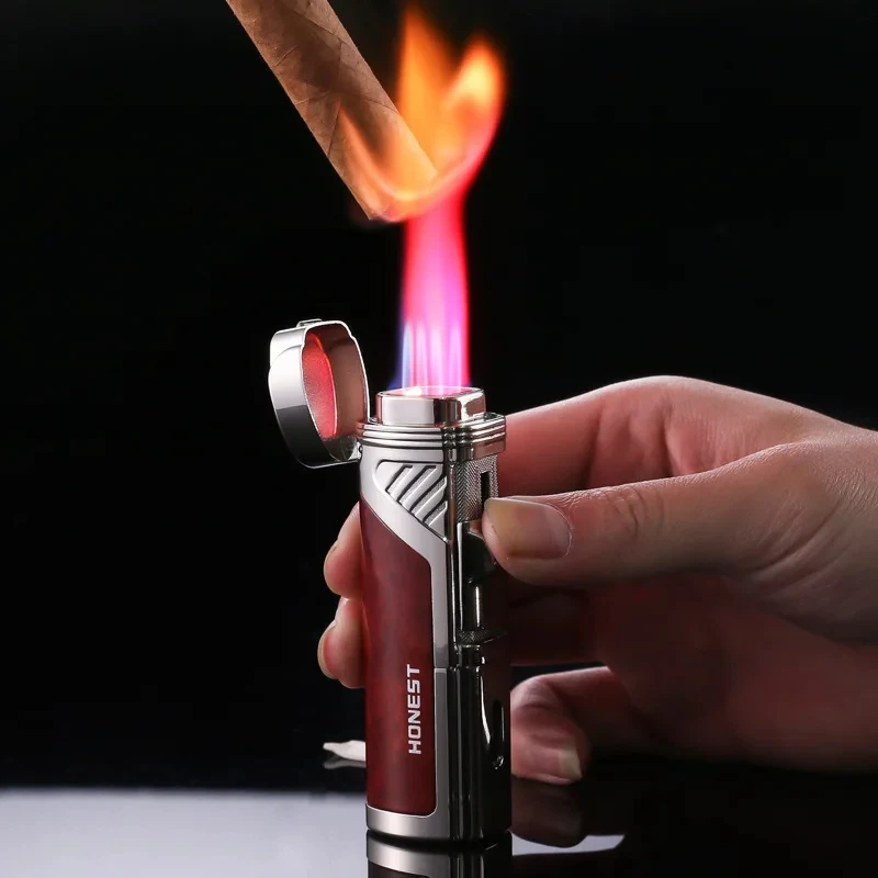 

Honest Cigar Lighter 4 Flame Direct Injection High Firepower Butane Gas Metal Outdoor Windproof Inflatable Lighter Men's Gift