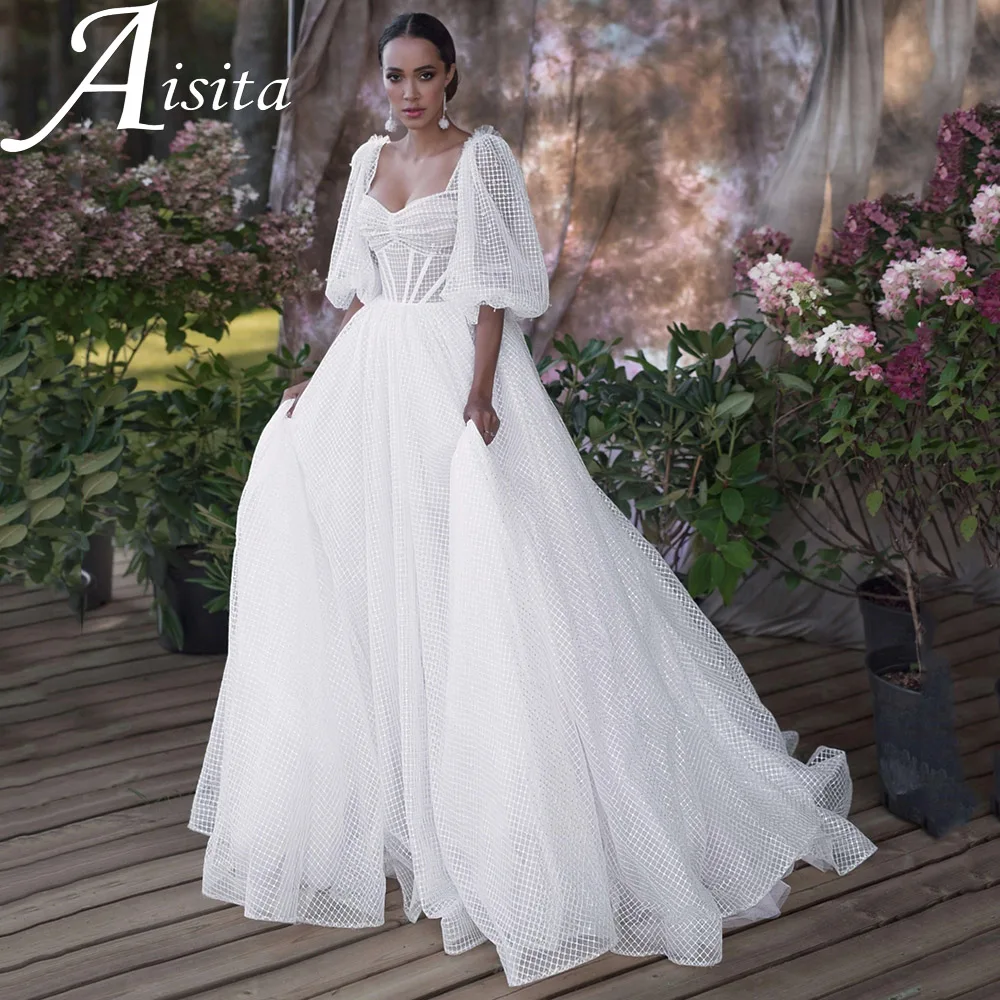 Fairy Sweetheart A Line Wedding Dresses Puffy Half Sleeves Bridal Gown Illusion Back With Button Sweep Train Vestidos De Novia
Fairy Sweetheart A Line Wedding Dresses Puffy Half Sleeves Bridal Gown Illusion Back With Button Sweep Train Vestidos De Novia
