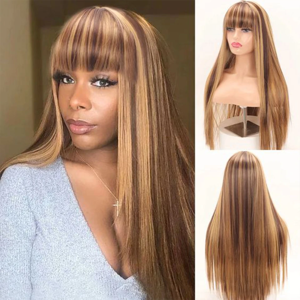 

Highlgiht Straight Human Hair Wigs With Bangs Fringe 180D 18" Full Machine Made Straight Hair Wigs Ginger Brown #1B Remy Wigs