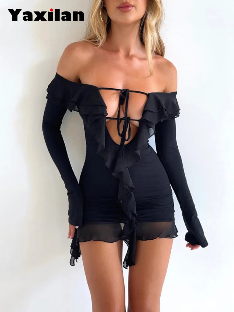 

Yaxilan Sexy Dresses Women Slash Neck Hollow Out Bandage Ruffles Long Sleeve Slim Folds Bodycon Solid Club Party Dress Female