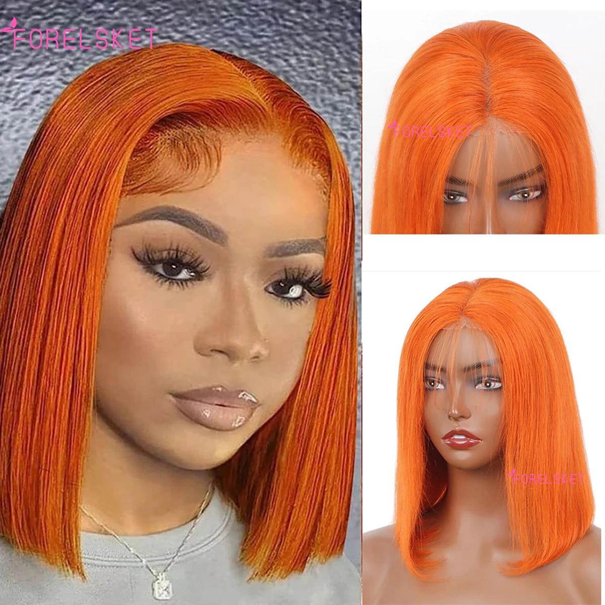 

Glueless Straight Short Bob wig Transparent 6X4 Lace Front Human Hair Wig Pre Plucked Ginger Orange Hair Remy Brazilian On Sale