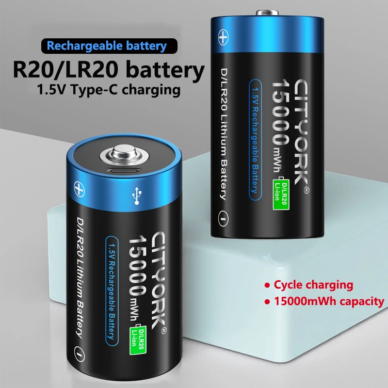 

CITYORK 1.5V D Size Rechargeable Battery Type-c USB Charging R20 LR20 Li-ion Batteries for Gas stove, Flashlight, Water Heater