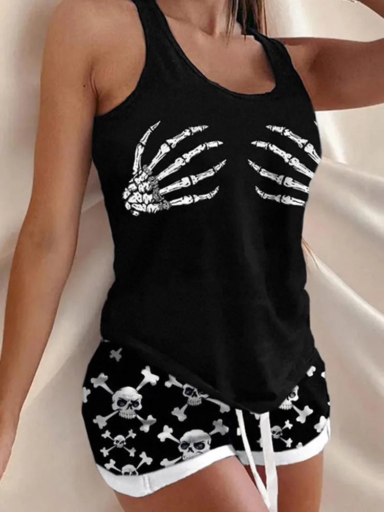Cute Pajamas for Women Shorts Set Halloween Skeleton Hand Tank And Skull Shorts Pajamas Set Short Sleeve Tops and Shorts Pjs Set
Cute Pajamas for Women Shorts Set Halloween Skeleton Hand Tank And Skull Shorts Pajamas Set Short Sleeve Tops and Shorts Pjs Set