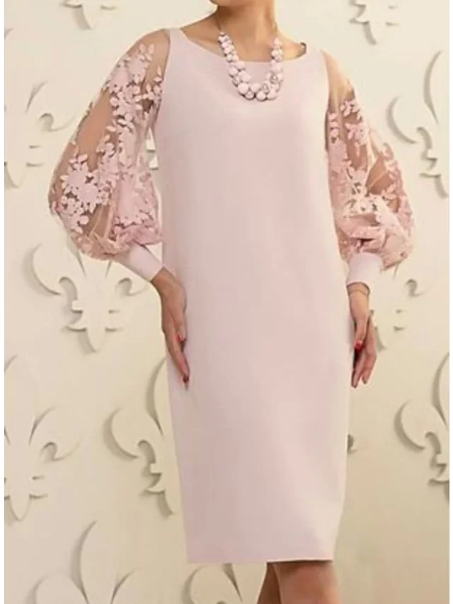 Sheath / Column Mother of the Bride Dress Elegant Jewel Neck Knee Length Lace Satin Long Sleeve with Appliques
Sheath / Column Mother of the Bride Dress Elegant Jewel Neck Knee Length Lace Satin Long Sleeve with Appliques