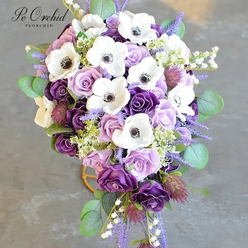 

PEORCHID White Anemones Lavender Lilac Bride Wedding Flowers Bouquet Artificial Real Touch Rose Bridal Cascade Bouquets Colorful