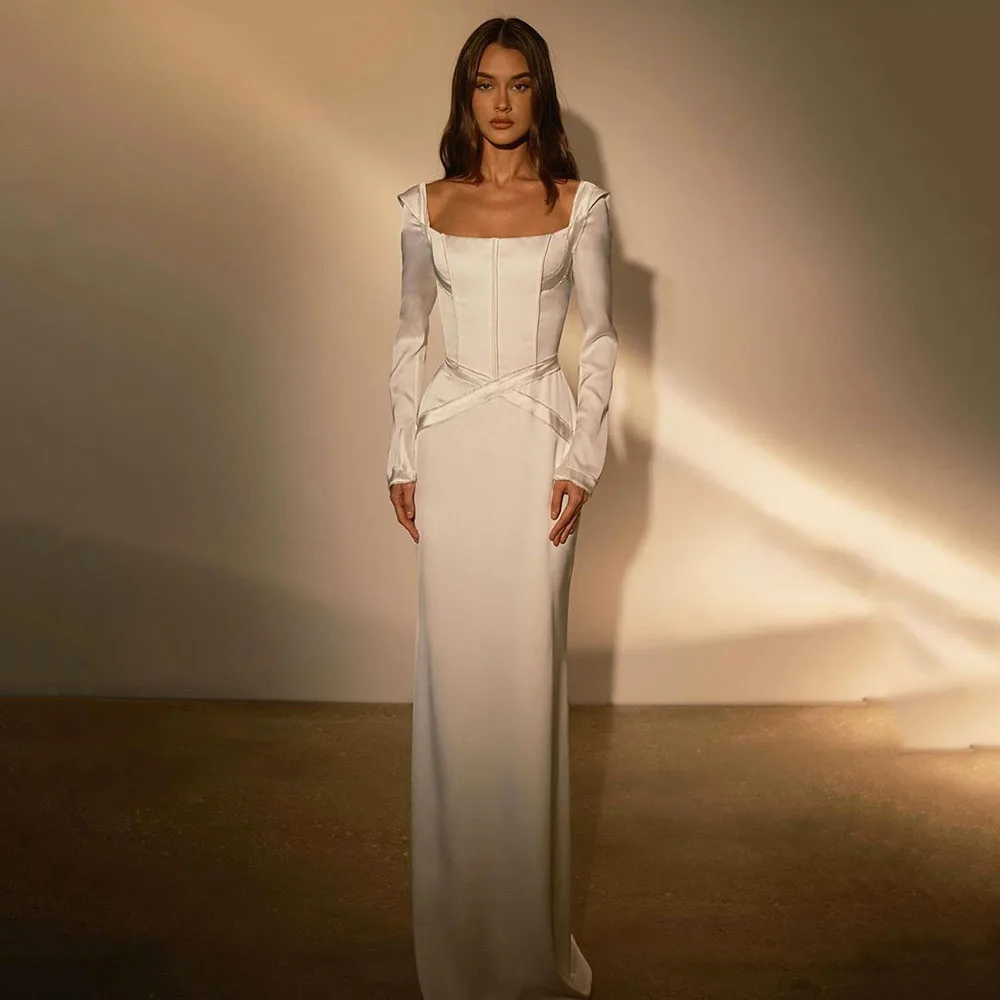 

Msikoods арабские атласные свадебные платья для женщин 2024 облегающие платья с длинным рукавом для невесты с поясом простое мусульманское свадебное платье