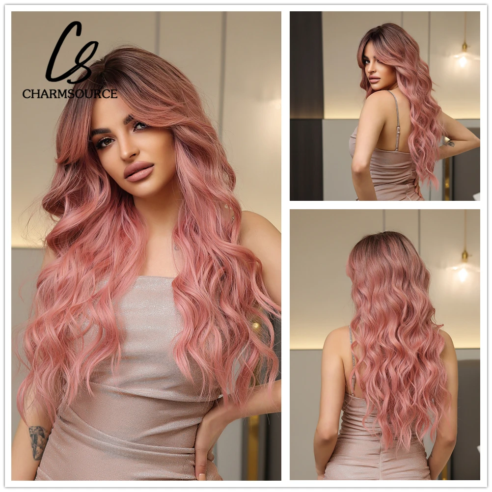 

CharmSource Long Pink Ombre Wigs Wavy Synthetic Hair Wigs Layered with Bangs Dark Root Women Daily Party Heat Resistant Fibers