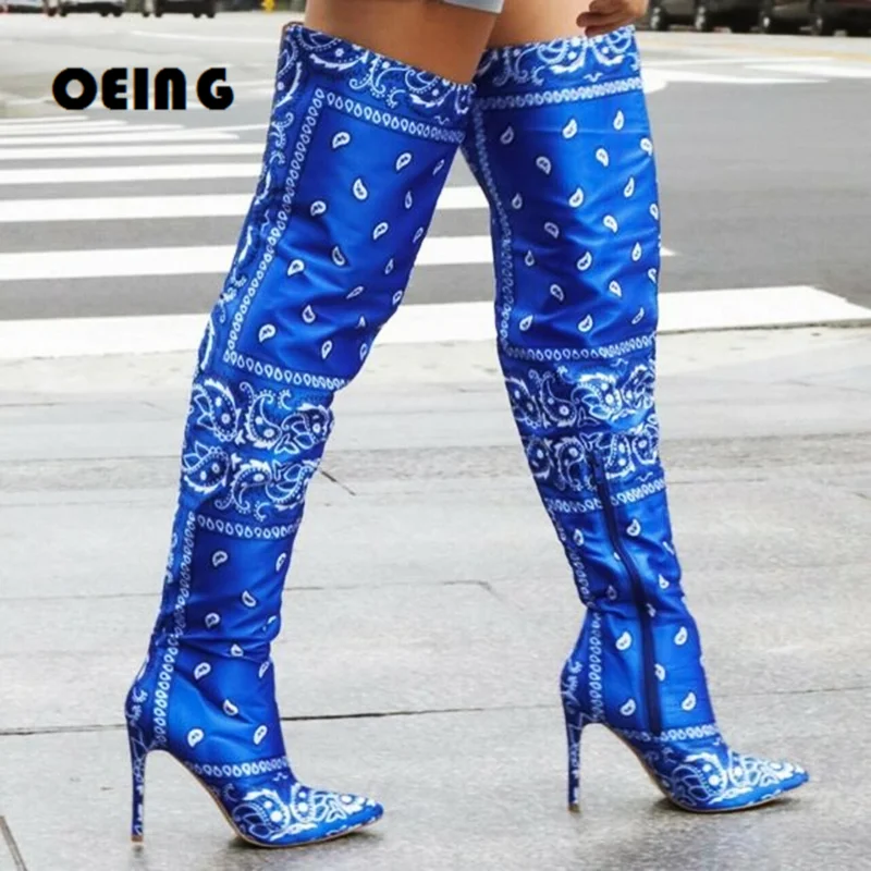 

Women Bandana Print Thin High Boots Bad Girl High Heels Over The Knee Boots Nightclub Banquet Shoes Pointy Toe Botas De Mujer