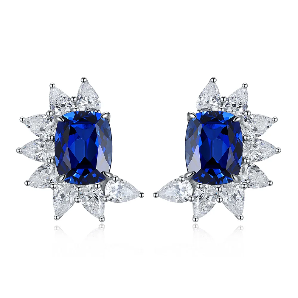 

Fashion Ladies Royal Blue Sapphire Gemstone Stud Earrings Real Silver WIith Diamond Fine Jewelry For Women