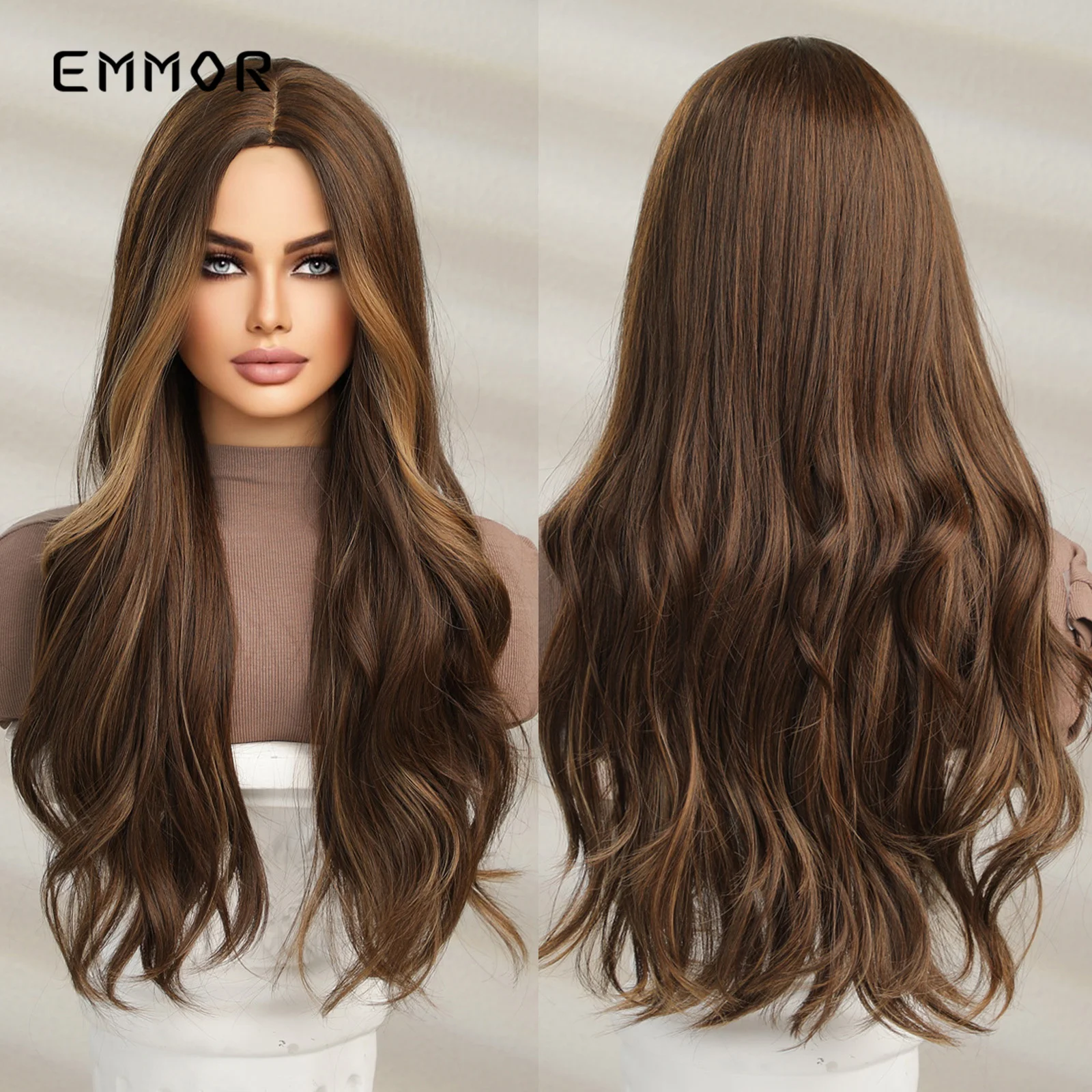 

Emmor Ombre Brown Mixed Blonde Wig Long Wavy Synthetic Wigs with Bangs for Women Cosplay Party Daily Use Heat Resistant Fiber