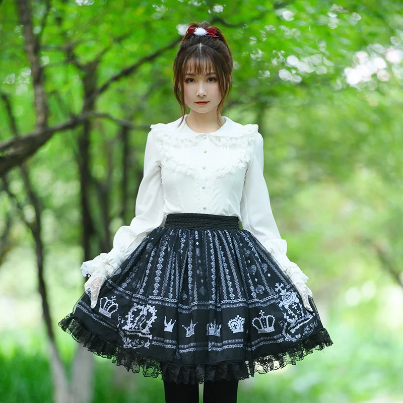

Ainclu Original Japanese Dark Blue Vintage Crown Fashion Print Lace Pleated Gothic Lolita Skirt Gift Socks