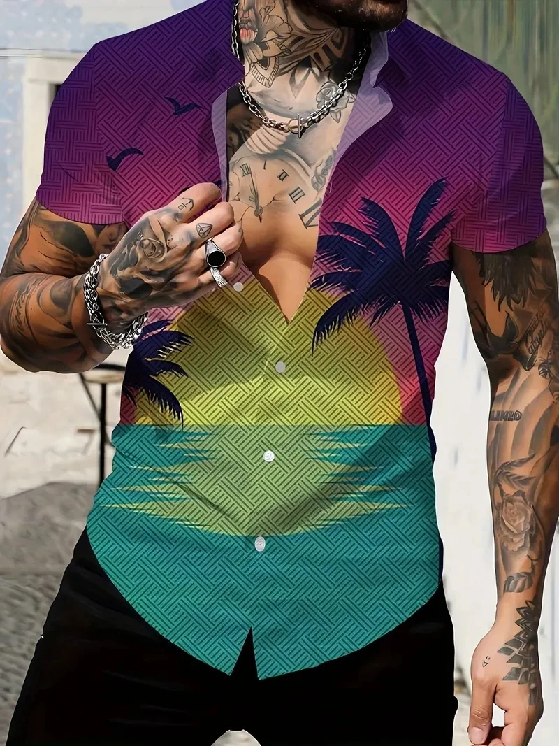 

Men's Hawaiian Shirts, Coconut Palm 3D Print Fashion Short Sleeve Button Down Shirts, Men's Summer Clothes, Casual Graphic Tops