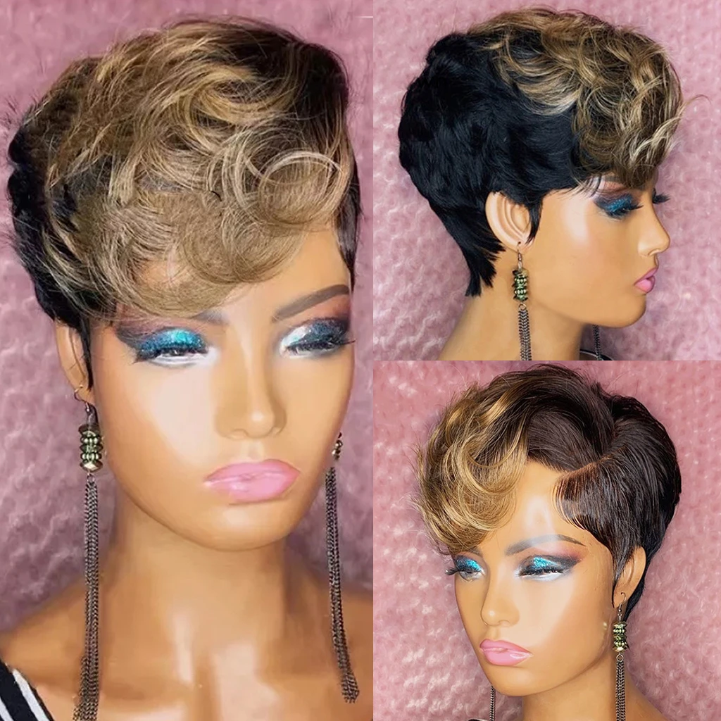 

WIGERA Synthetic Ombre Short Hairstyle On Sale Pixie Cut On Sale Wig Black With Curly Bangs Hair Colored Wigs For Women