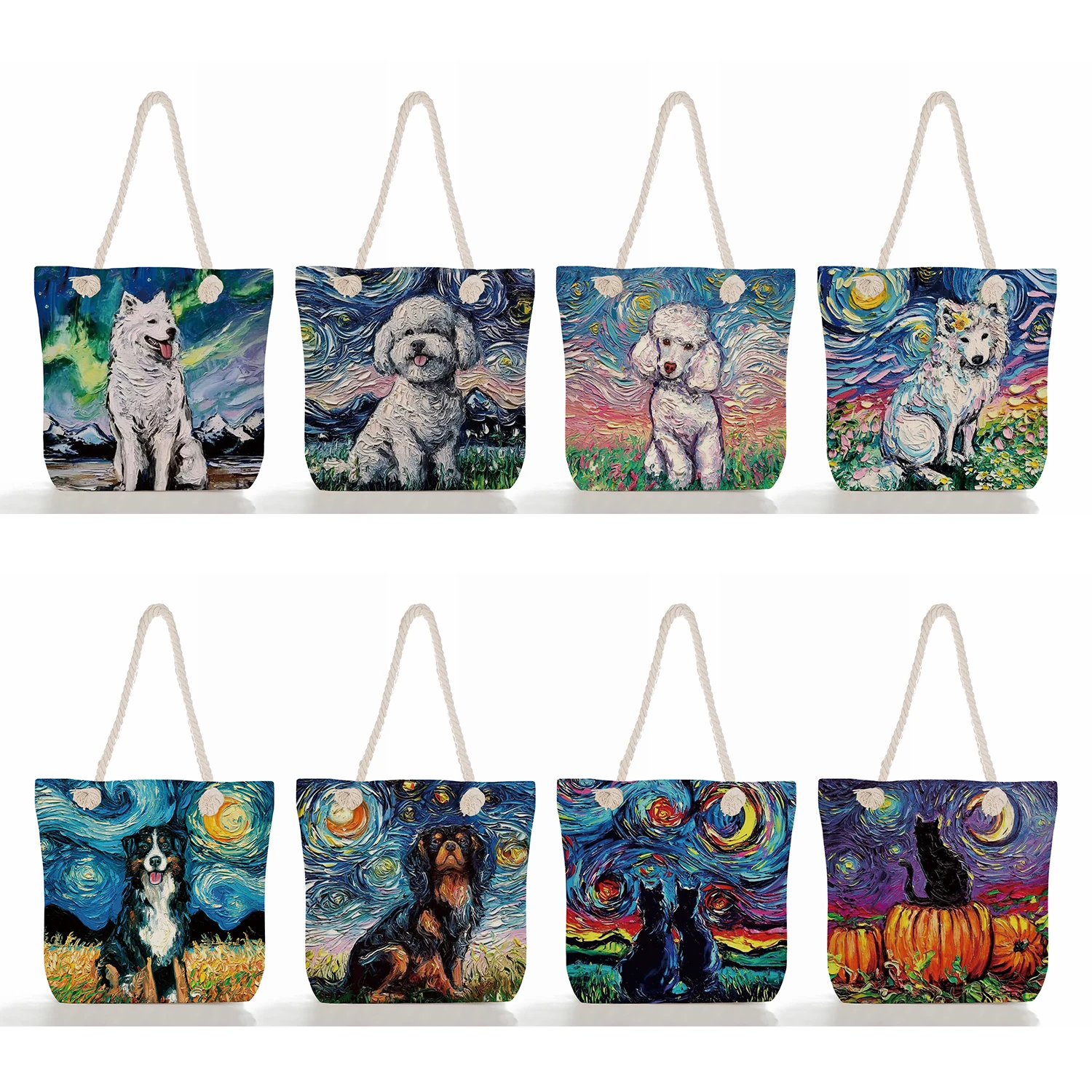

Starry Sky Oil Painting Dog Handbags Bright Colors Linen The Tote Bag Animal Shoulder Bag Women Blue Fashion Travel Beach Bag