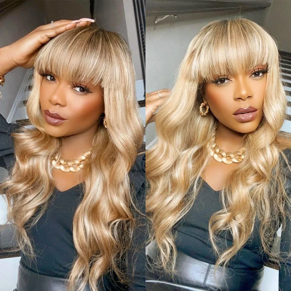 

22"-24" T1B/27 Body Wave Human Hair Wigs With Bangs Fringe 180D Glueless Wet and Wavy Brazilian Full Machine Made Women Wigs