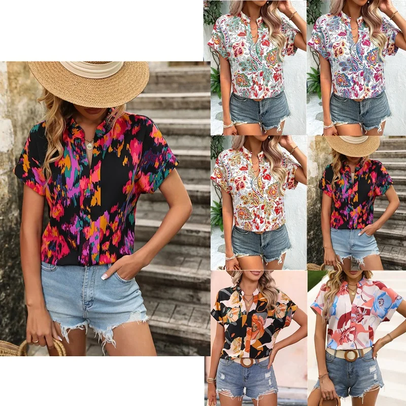 

Lady Vintage Floral Flat Collar Blouse Ethnic Floral Graphic Tee Shirt for Women Tunic Tops Summer Vintage Going Out Blouse