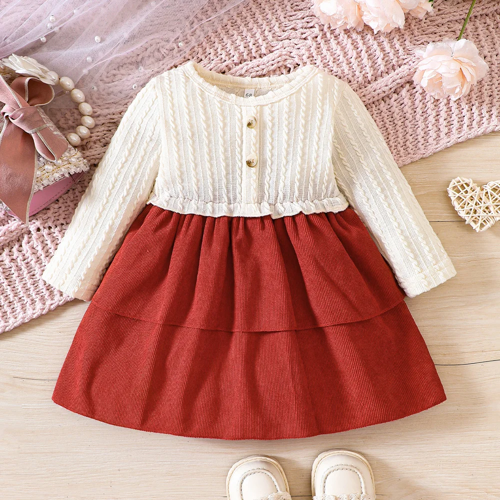 

Baby Girls Ribbed Corduroy Tunic Dress Autumn Spring Long Sleeve Ruffle Layered Dress