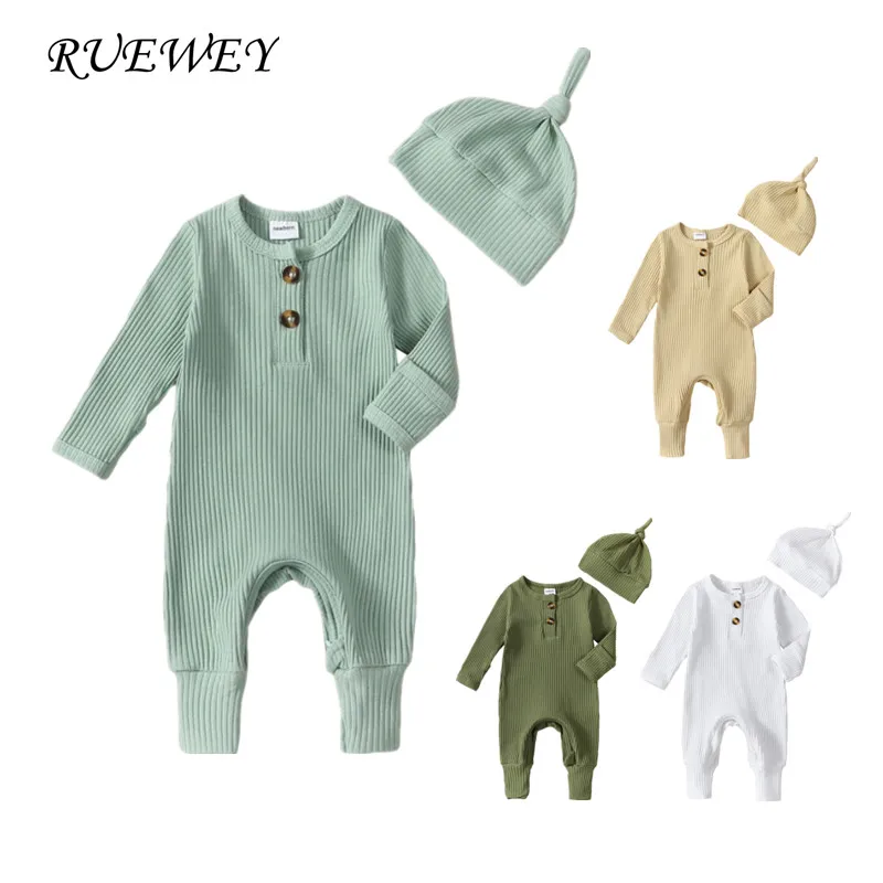 

RUEWEY Newborn Baby Girl Boy Romper Spring Autumn Clothes Solid Color Ribbed Long Sleeve Jumpsuit with Hat Baby Items Clothing