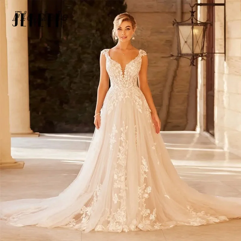 JEHETH Lace Appliques Wedding Dresses For Women A-line Bridal Gowns Sexy Backless Cap Sleeve Elegant Bohemian Vestidos De Novia
JEHETH Lace Appliques Wedding Dresses For Women A-line Bridal Gowns Sexy Backless Cap Sleeve Elegant Bohemian Vestidos De Novia