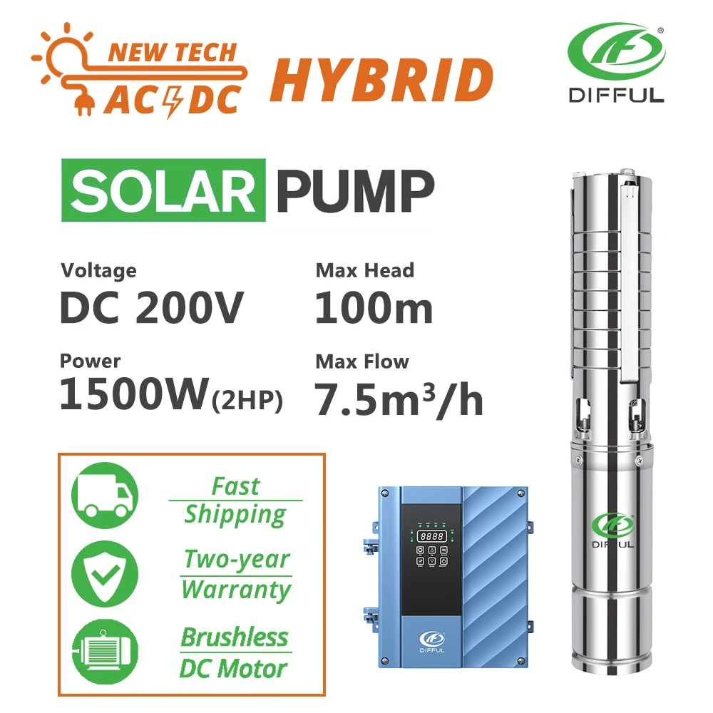 

4" AC/DC Deep Well Solar Water Pump 110V 2HP MPPT Controller with Stainless Steel Impeller Borehole Sun Power High Pressure