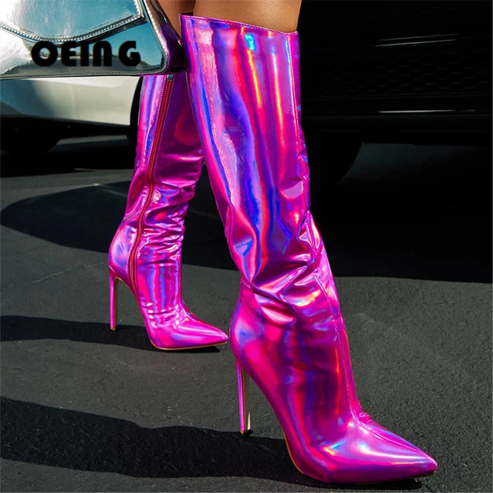 

Spring Autumn Women Knee High Boots Metallic Leather Stiletto Heels Botas Sexy Pointed Toe Ankle Zipper Boots Shimmering Shoes