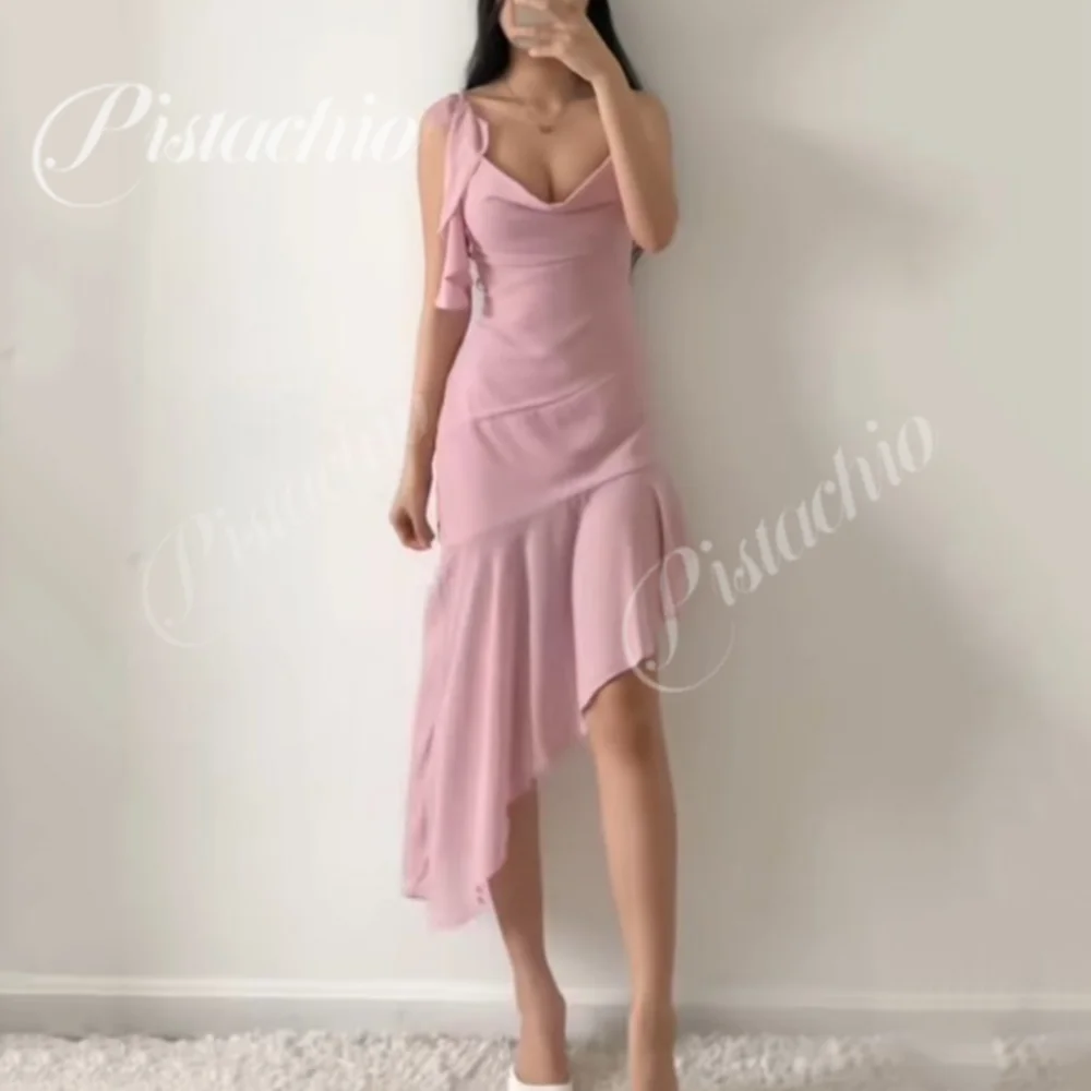 

Sexy Party Dress For Women Simple Spaghetti Straps V Neck Beach Evening Gowns Mid Calf Length Prom Dresses فساتين سهرة