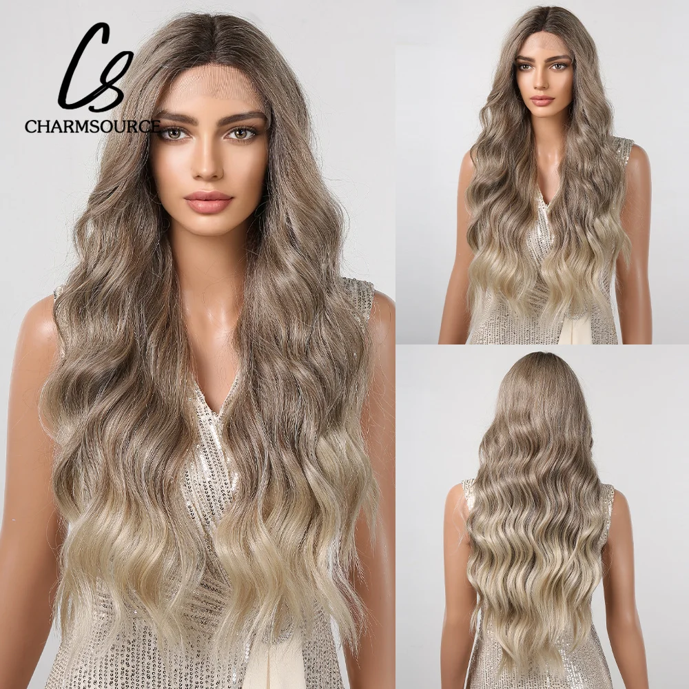 

CharmSource Synthetic Lace Wig Brown Ombre BlondeLace Front Wigs Long Curly with Dark Root Wigs for Women Daily Cosplay Glueless