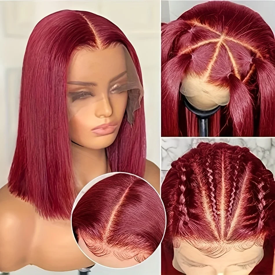 

13x4 99J Short Bob Wig Human Hair Dark Red Burgundy Color Full Frontal Bob Wigs Blunt Cut Bone Straight Front For Black Woman