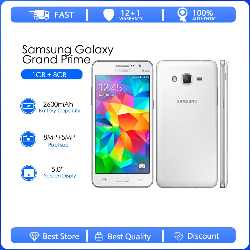 

Samsung Galaxy Grand Prime G530F Refurbished-Original G530FZ G530Y G530H G530FZ Prime Duos Ouad Core One Sim card 1GB RAM 5Inch