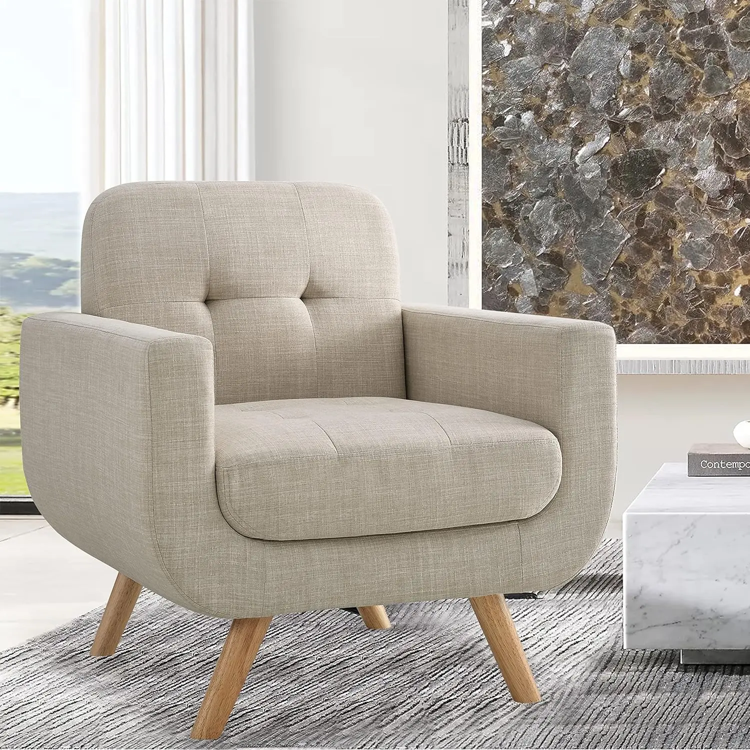 

Elena Contemporary Accent Armchair with Linen Upholstery Living Room Furniture, 1SEAT, Beige
