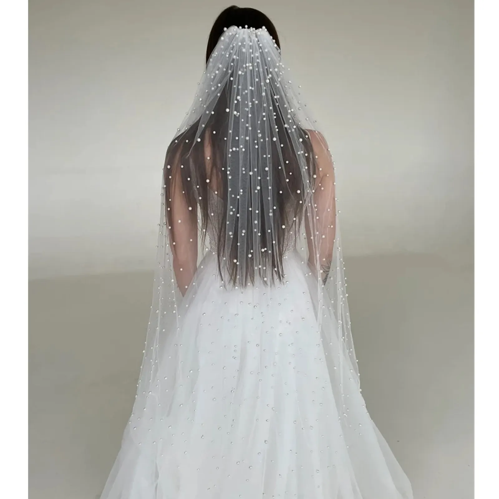 

Pearls Bridal Veil Soft 1 Tier Beaded Wedding Veil for Bride Cathedral Length with Comb Wedding Accessories