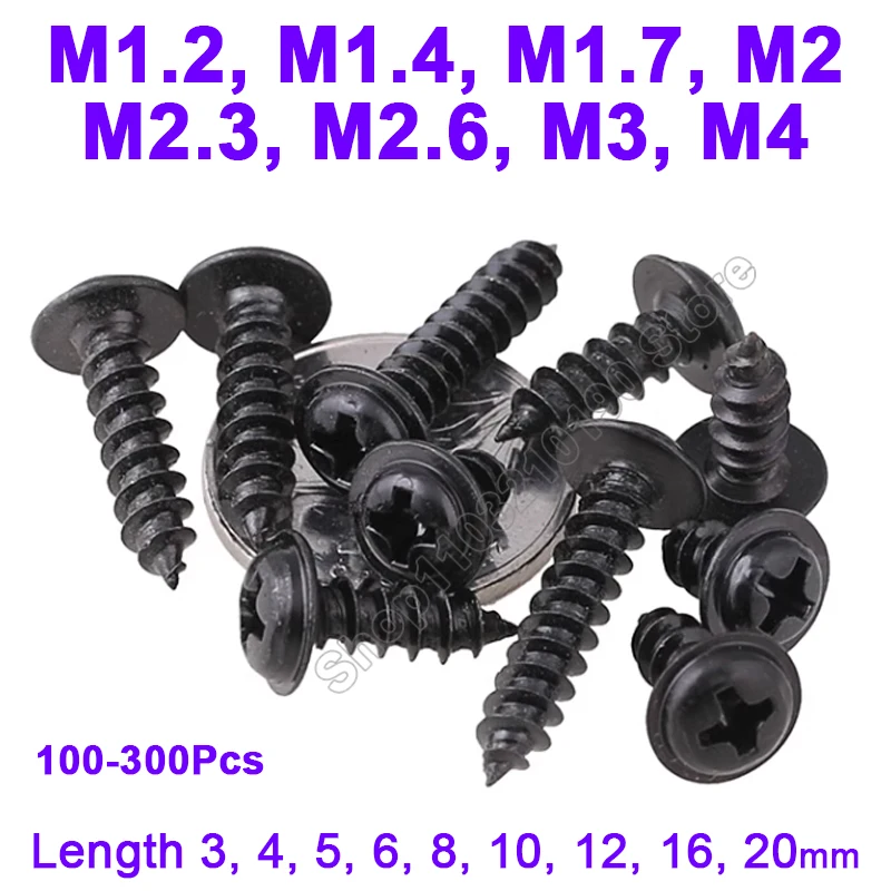 Mini Micro Small Black Phillips,Cross Round Head,Self Tapping Screws with Washer,3-20mm Length,M1.2,M1.4,M1.7,M2,M2.3,M2.6,M3,M4
Mini Micro Small Black Phillips,Cross Round Head,Self Tapping Screws with Washer,3-20mm Length,M1.2,M1.4,M1.7,M2,M2.3,M2.6,M3,M4