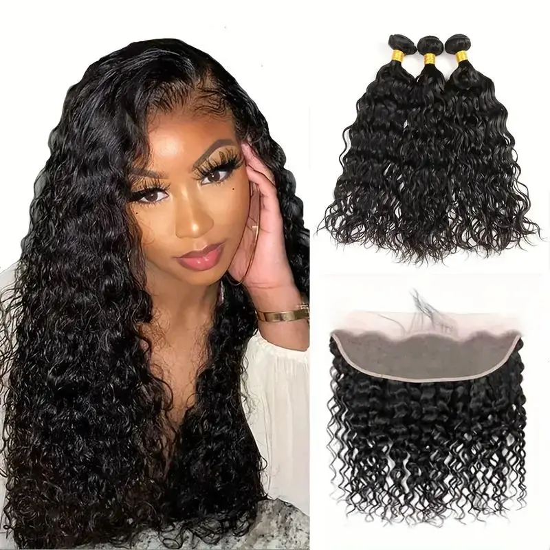 

Brazilian Water Wave Bundles With Frontal 13x4 Free Part Lace Frontal 100% Unprocessed Virgin Human Hair Ear to Ear Lace Frontal