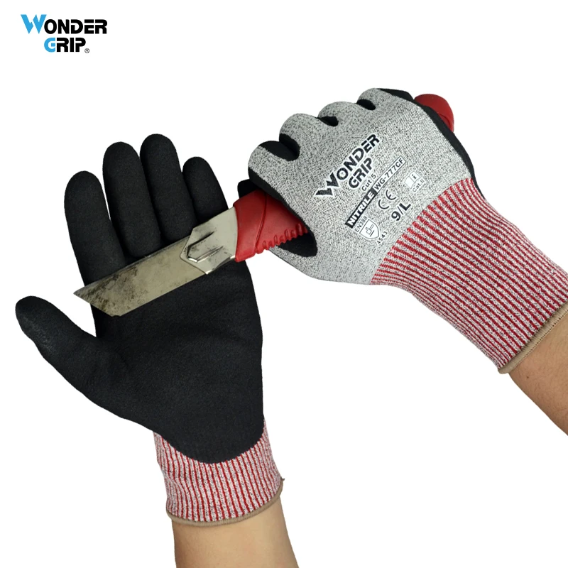 

Wonder Grip Level 5 Cut Resistant Safety Work Gloves with 13-Gauge HPPE Anti-Cut Liner & Dual Sandy Nitrile Palm Coating