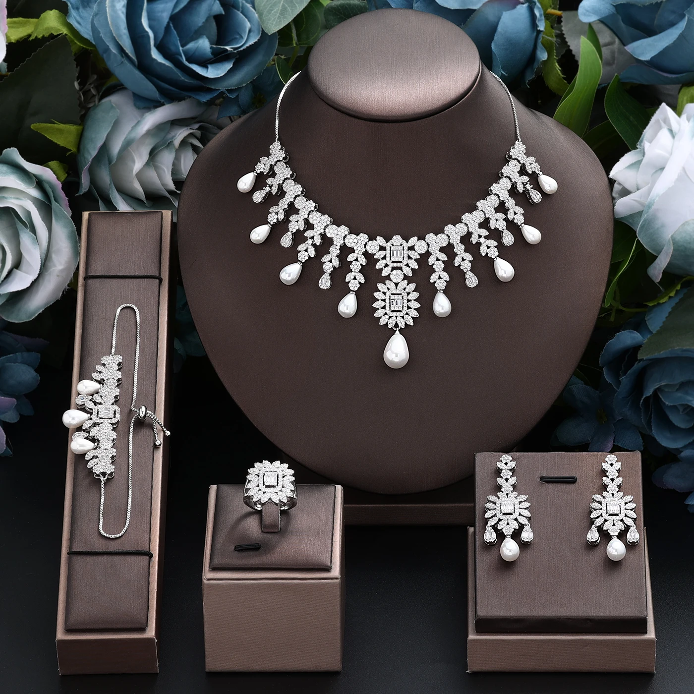 

Elegant Pearls CZ Zirconia Bridal Jewelry Set For Women 4PCS Adjustale Chain 2024 Bride Wedding Party Jewellery