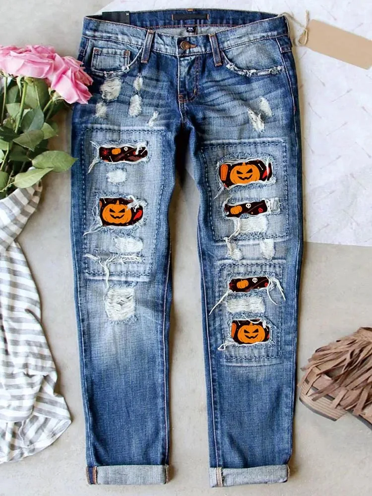 

Womens Jeans Pumpkin Funny Face Patchwork Ripped Boyfriend Distressed Stretch Skinny Denim Pants with Hole Destroyed Slim Fit