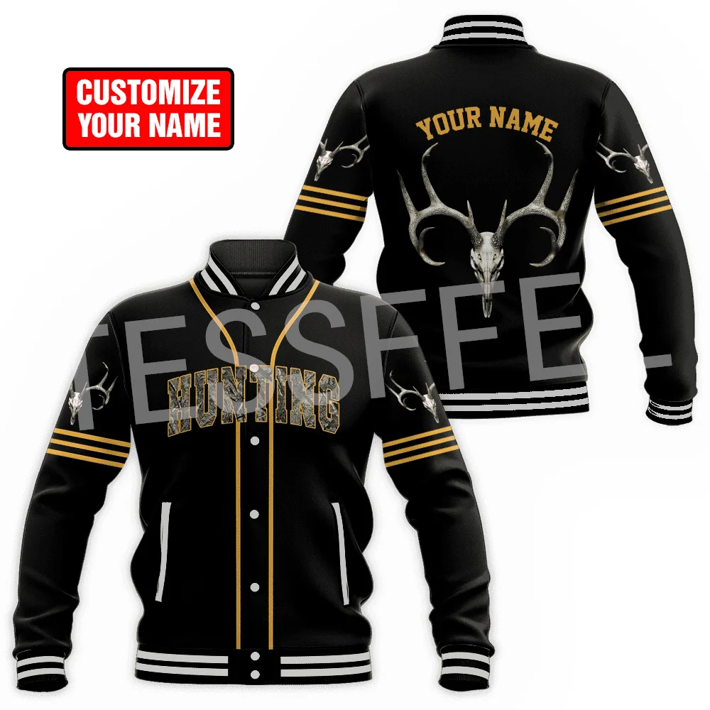 

Custom Name Deer Hunting Animal Hunter Camo Cosplay Tattoo Retro Harajuku Windbreaker 3D Button Bomber Jacket Baseball Jacket X5