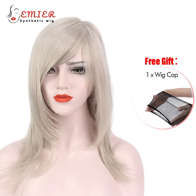 

60cm Long Straight Wig With Bangs Layered Synthetic Hair Wig Kanekalon Synthetic Wigs For Women's Grey Chemical Fiber Wigs