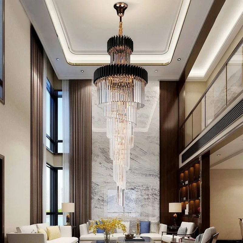 

Luxurious Long Crystal Gold/Black Designer LED Chandelier for Lobby Foyer Staircase Living Room Stairwell Hanging Light Fixture