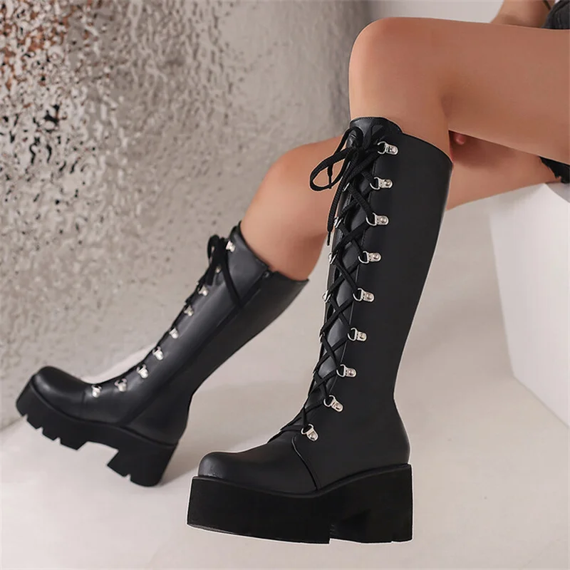 

Fall Round Head Lace-up Botas Femininas Knight Knee High Long Boots Women Fashion Square Heel Shoes Thick Bottom Zipper Flats